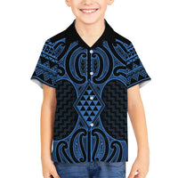 Kikorangi Maori Ta Moko Poutama Art Family Matching Short Sleeve Bodycon Dress and Hawaiian Shirt