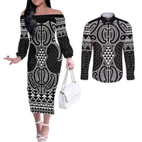 Ma Maori Ta Moko Poutama Art Couples Matching Off The Shoulder Long Sleeve Dress and Long Sleeve Button Shirt