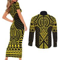 Mahi-dawg Maori Ta Moko Poutama Art Couples Matching Short Sleeve Bodycon Dress and Long Sleeve Button Shirt