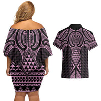 Mawhero Maori Ta Moko Poutama Art Couples Matching Off Shoulder Short Dress and Hawaiian Shirt