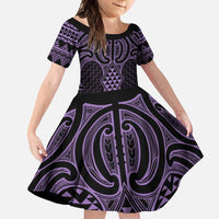 Waiporoporo Maori Ta Moko Poutama Art Family Matching Long Sleeve Bodycon Dress and Hawaiian Shirt LT9 Daughter's Dress Purple - Polynesian Pride