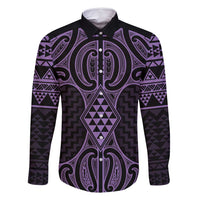 Waiporoporo Maori Ta Moko Poutama Art Family Matching Off Shoulder Short Dress and Hawaiian Shirt LT9 Dad's Shirt - Long Sleeve Purple - Polynesian Pride