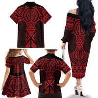 Whero Maori Ta Moko Poutama Art Family Matching Off The Shoulder Long Sleeve Dress and Hawaiian Shirt
