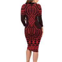 Whero Maori Ta Moko Poutama Art Long Sleeve Bodycon Dress LT9 - Polynesian Pride
