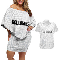 New Zealand Rangatira Custom Couples Matching Off Shoulder Short Dress and Hawaiian Shirt All White Niho Taniwha Maori Tribal