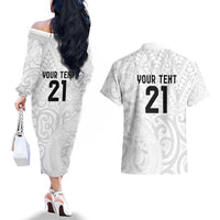 New Zealand Rangatira Custom Couples Matching Off The Shoulder Long Sleeve Dress and Hawaiian Shirt All White Niho Taniwha Maori Tribal