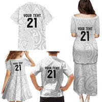 New Zealand Rangatira Custom Family Matching Puletasi and Hawaiian Shirt All White Niho Taniwha Maori Tribal
