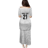 New Zealand Rangatira Custom Family Matching Puletasi and Hawaiian Shirt All White Niho Taniwha Maori Tribal