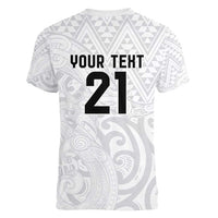 New Zealand Rangatira Custom Women V-Neck T-Shirt All White Niho Taniwha Maori Tribal