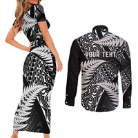New Zealand Rugby Pacific Personalised Couples Matching Short Sleeve Bodycon Dress and Long Sleeve Button Shirt All Black Maori Pasifika Fern Pattern
