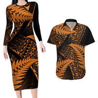 New Zealand Rugby Pacific Personalised Couples Matching Long Sleeve Bodycon Dress and Hawaiian Shirt All Gold Maori Pasifika Fern Pattern