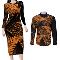 New Zealand Rugby Pacific Personalised Couples Matching Long Sleeve Bodycon Dress and Long Sleeve Button Shirt All Gold Maori Pasifika Fern Pattern