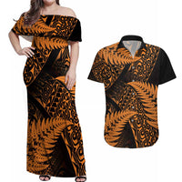 New Zealand Rugby Pacific Personalised Couples Matching Off Shoulder Maxi Dress and Hawaiian Shirt All Gold Maori Pasifika Fern Pattern