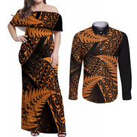 New Zealand Rugby Pacific Personalised Couples Matching Off Shoulder Maxi Dress and Long Sleeve Button Shirt All Gold Maori Pasifika Fern Pattern