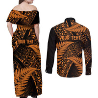 New Zealand Rugby Pacific Personalised Couples Matching Off Shoulder Maxi Dress and Long Sleeve Button Shirt All Gold Maori Pasifika Fern Pattern