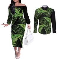 New Zealand Rugby Pacific Personalised Couples Matching Off The Shoulder Long Sleeve Dress and Long Sleeve Button Shirt All Lime Maori Pasifika Fern Pattern
