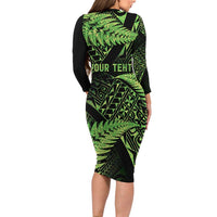New Zealand Rugby Pacific Personalised Long Sleeve Bodycon Dress All Lime Maori Pasifika Fern Pattern