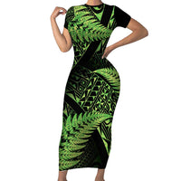 New Zealand Rugby Pacific Personalised Short Sleeve Bodycon Dress All Lime Maori Pasifika Fern Pattern