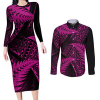 New Zealand Rugby Pacific Personalised Couples Matching Long Sleeve Bodycon Dress and Long Sleeve Button Shirt All Pink Maori Pasifika Fern Pattern