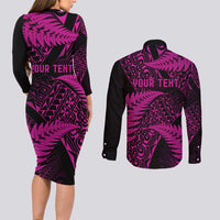 New Zealand Rugby Pacific Personalised Couples Matching Long Sleeve Bodycon Dress and Long Sleeve Button Shirt All Pink Maori Pasifika Fern Pattern
