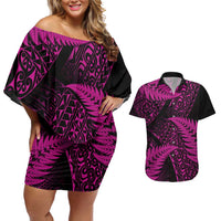 New Zealand Rugby Pacific Personalised Couples Matching Off Shoulder Short Dress and Hawaiian Shirt All Pink Maori Pasifika Fern Pattern
