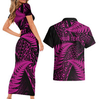 New Zealand Rugby Pacific Personalised Couples Matching Short Sleeve Bodycon Dress and Hawaiian Shirt All Pink Maori Pasifika Fern Pattern
