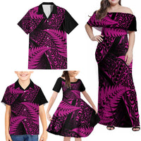 New Zealand Rugby Pacific Personalised Family Matching Off Shoulder Maxi Dress and Hawaiian Shirt All Pink Maori Pasifika Fern Pattern