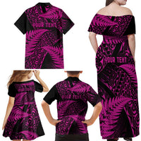 New Zealand Rugby Pacific Personalised Family Matching Off Shoulder Maxi Dress and Hawaiian Shirt All Pink Maori Pasifika Fern Pattern