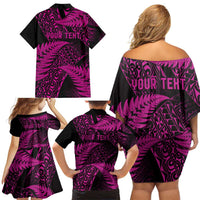 New Zealand Rugby Pacific Personalised Family Matching Off Shoulder Short Dress and Hawaiian Shirt All Pink Maori Pasifika Fern Pattern