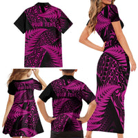 New Zealand Rugby Pacific Personalised Family Matching Short Sleeve Bodycon Dress and Hawaiian Shirt All Pink Maori Pasifika Fern Pattern