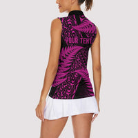 New Zealand Rugby Pacific Personalised Women Sleeveless Polo Shirt All Pink Maori Pasifika Fern Pattern