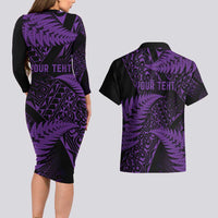New Zealand Rugby Pacific Personalised Couples Matching Long Sleeve Bodycon Dress and Hawaiian Shirt All Purple Maori Pasifika Fern Pattern