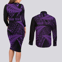 New Zealand Rugby Pacific Personalised Couples Matching Long Sleeve Bodycon Dress and Long Sleeve Button Shirt All Purple Maori Pasifika Fern Pattern