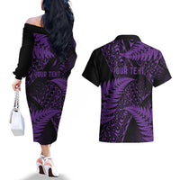 New Zealand Rugby Pacific Personalised Couples Matching Off The Shoulder Long Sleeve Dress and Hawaiian Shirt All Purple Maori Pasifika Fern Pattern