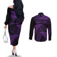 New Zealand Rugby Pacific Personalised Couples Matching Off The Shoulder Long Sleeve Dress and Long Sleeve Button Shirt All Purple Maori Pasifika Fern Pattern