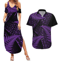 New Zealand Rugby Pacific Personalised Couples Matching Summer Maxi Dress and Hawaiian Shirt All Purple Maori Pasifika Fern Pattern