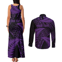 New Zealand Rugby Pacific Personalised Couples Matching Tank Maxi Dress and Long Sleeve Button Shirt All Purple Maori Pasifika Fern Pattern