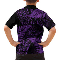 New Zealand Rugby Pacific Personalised Family Matching Off Shoulder Short Dress and Hawaiian Shirt All Purple Maori Pasifika Fern Pattern