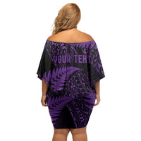 New Zealand Rugby Pacific Personalised Family Matching Off Shoulder Short Dress and Hawaiian Shirt All Purple Maori Pasifika Fern Pattern