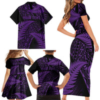 New Zealand Rugby Pacific Personalised Family Matching Short Sleeve Bodycon Dress and Hawaiian Shirt All Purple Maori Pasifika Fern Pattern