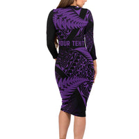 New Zealand Rugby Pacific Personalised Long Sleeve Bodycon Dress All Purple Maori Pasifika Fern Pattern
