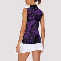 New Zealand Rugby Pacific Personalised Women Sleeveless Polo Shirt All Purple Maori Pasifika Fern Pattern