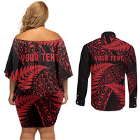 New Zealand Rugby Pacific Personalised Couples Matching Off Shoulder Short Dress and Long Sleeve Button Shirt All Red Maori Pasifika Fern Pattern