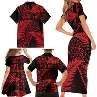 New Zealand Rugby Pacific Personalised Family Matching Short Sleeve Bodycon Dress and Hawaiian Shirt All Red Maori Pasifika Fern Pattern