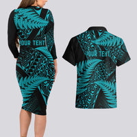 New Zealand Rugby Pacific Personalised Couples Matching Long Sleeve Bodycon Dress and Hawaiian Shirt All Turquoise Maori Pasifika Fern Pattern