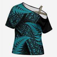 New Zealand Rugby Pacific Personalised Cross Shoulder Shirt All Turquoise Maori Pasifika Fern Pattern - Polynesian Pride