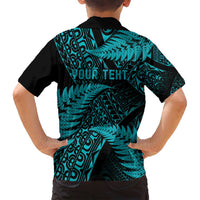 New Zealand Rugby Pacific Personalised Family Matching Long Sleeve Bodycon Dress and Hawaiian Shirt All Turquoise Maori Pasifika Fern Pattern