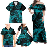 New Zealand Rugby Pacific Personalised Family Matching Off Shoulder Maxi Dress and Hawaiian Shirt All Turquoise Maori Pasifika Fern Pattern
