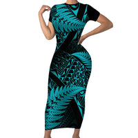 New Zealand Rugby Pacific Personalised Family Matching Short Sleeve Bodycon Dress and Hawaiian Shirt All Turquoise Maori Pasifika Fern Pattern
