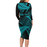 New Zealand Rugby Pacific Personalised Long Sleeve Bodycon Dress All Turquoise Maori Pasifika Fern Pattern